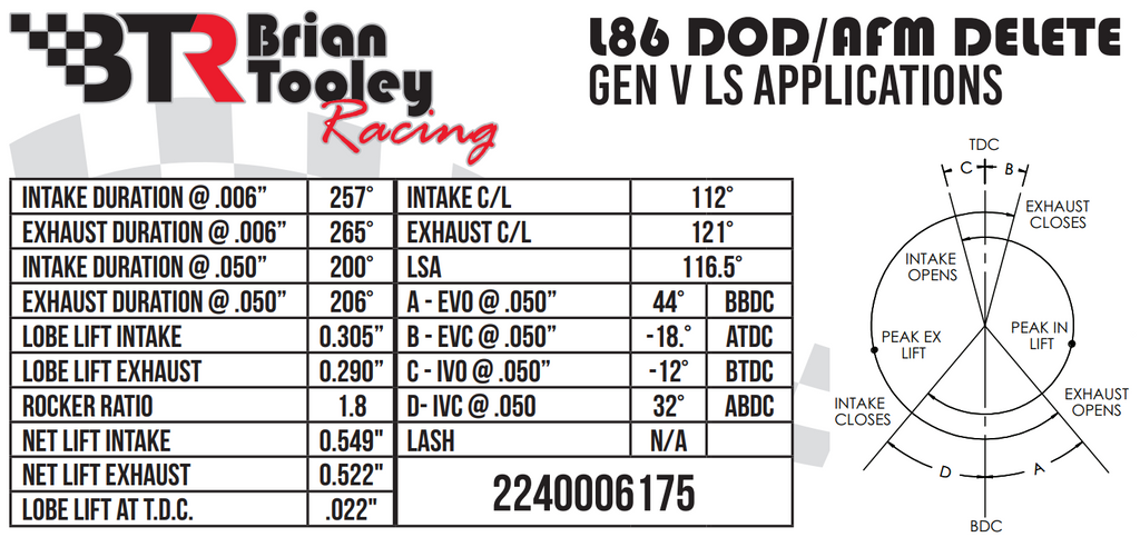 Brian Tooley Racing GM Gen 5 L86 6.2L DOD Delete Camshaft