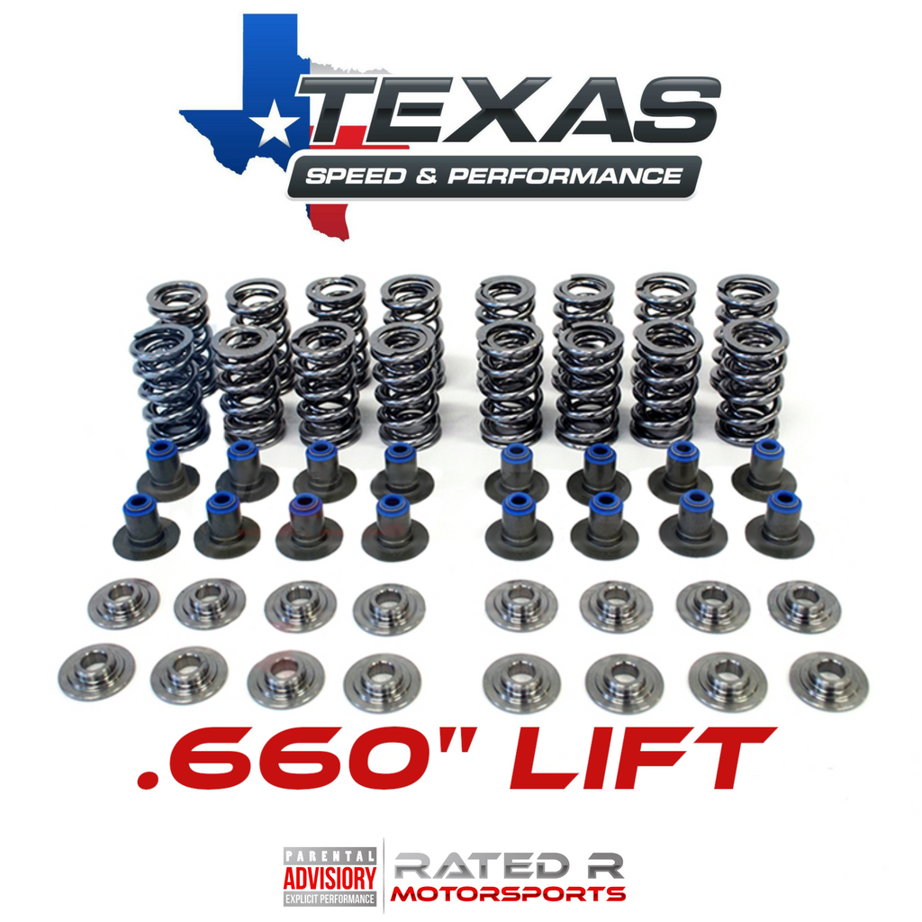 Kit de resorte de válvula doble pulido Texas Speed ​​LS PAC de 0,660" con elevación y asiento/sellos integrados PRC, retenedores de titanio